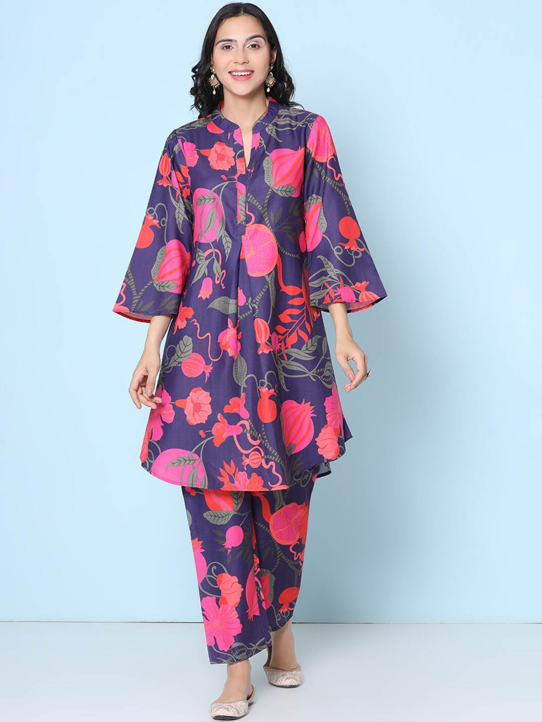 

Bhama Couture Floral Printed Mandarin Collar Tunic with Trousers, Purple