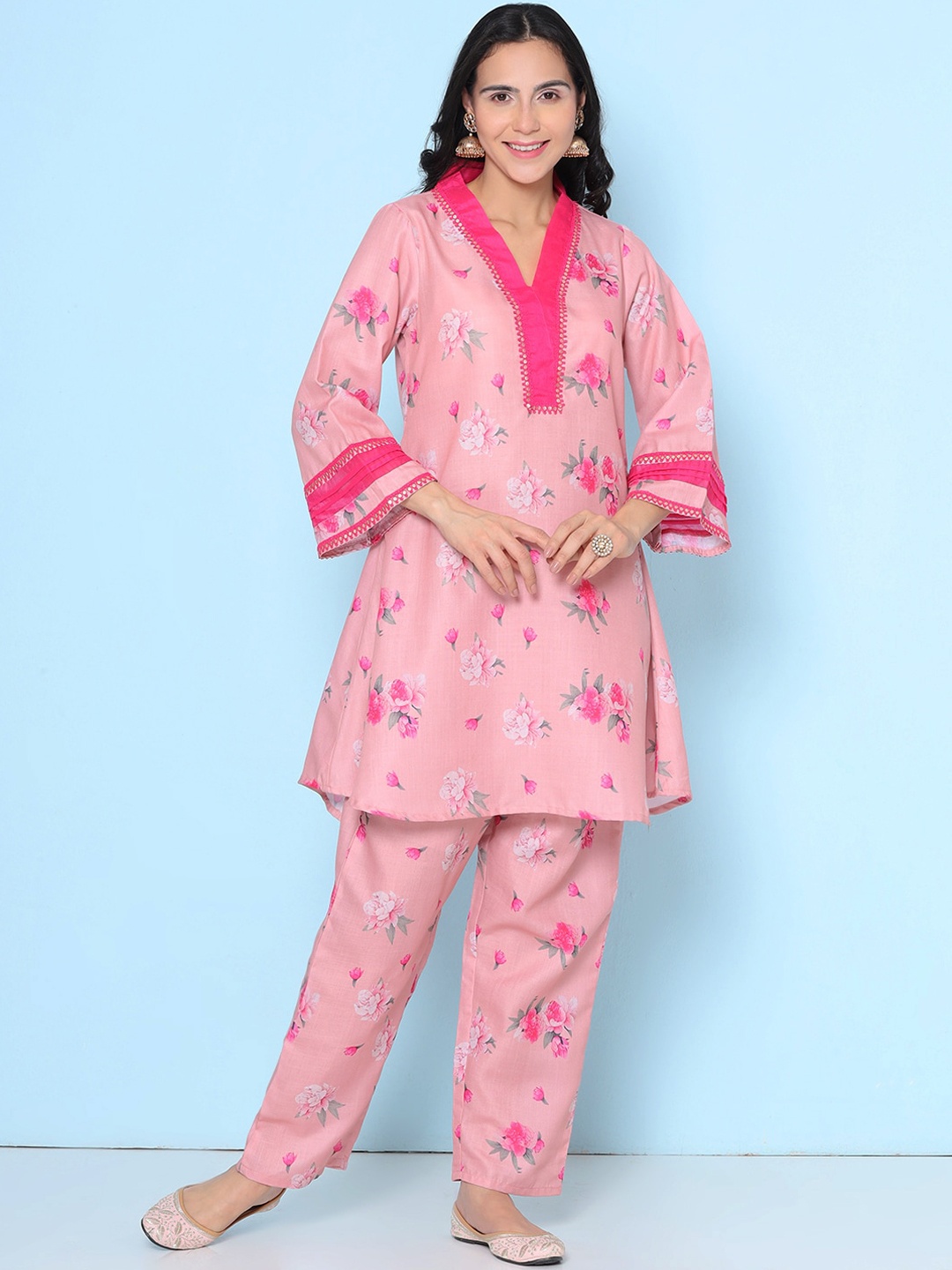 Bhama Couture Floral Printed Kurta with Trousers, Pink