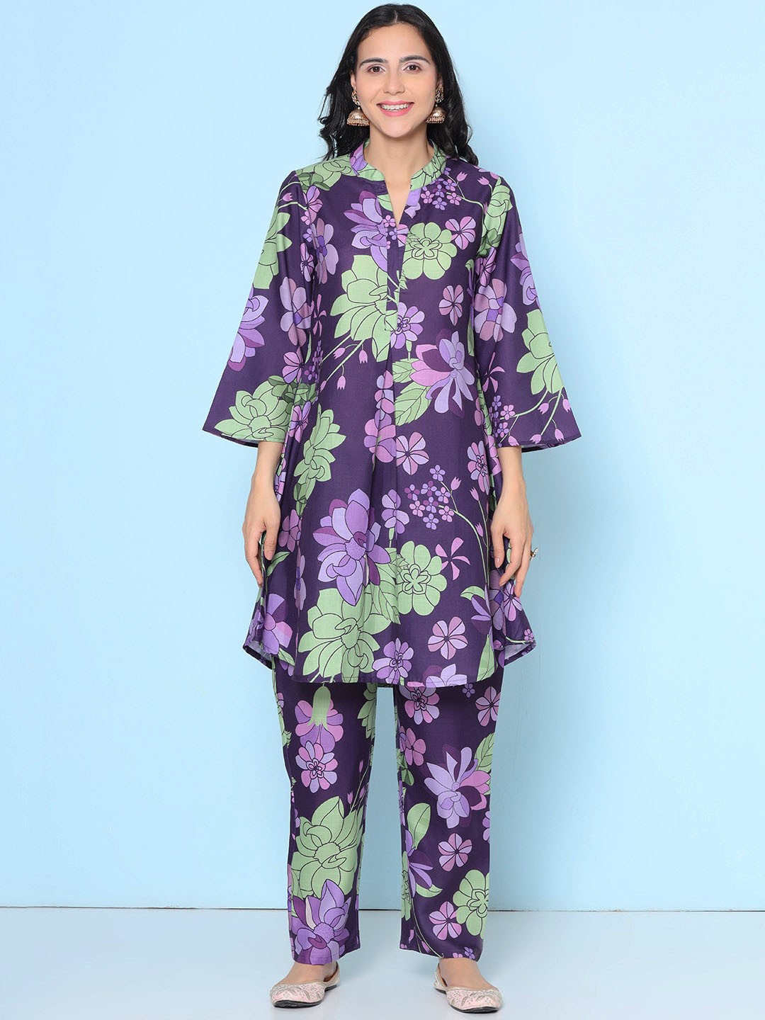 

Bhama Couture Floral Printed Mandarin Collar Tunic With Trousers, Purple