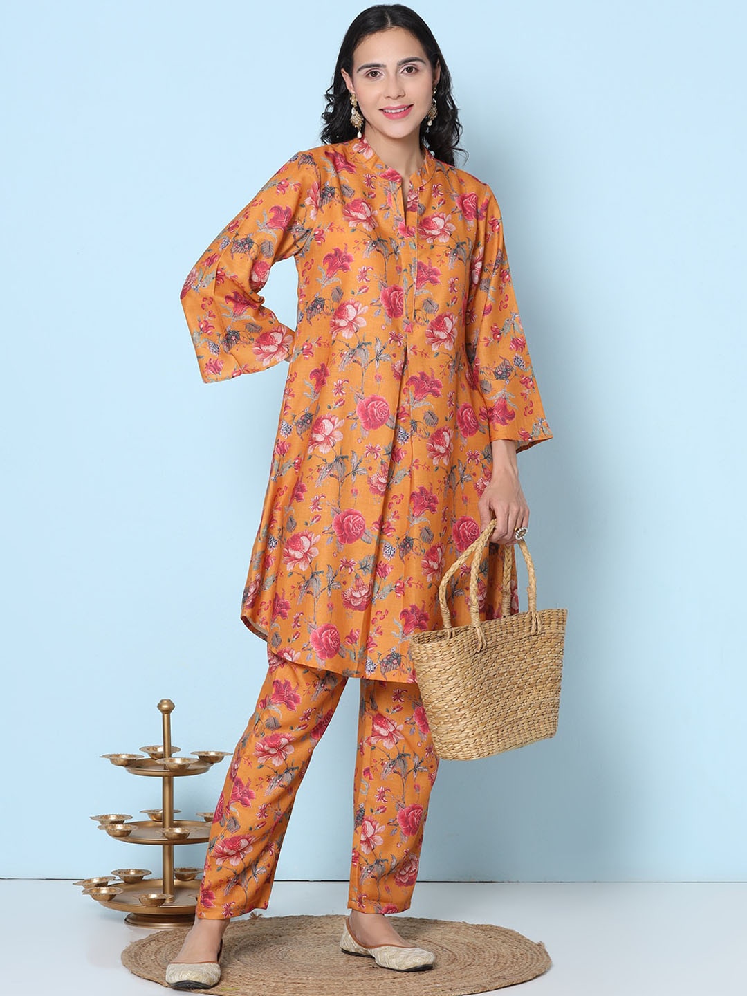 

Bhama Couture Floral Printed Mandarin Collar Tunic with Trousers, Rust