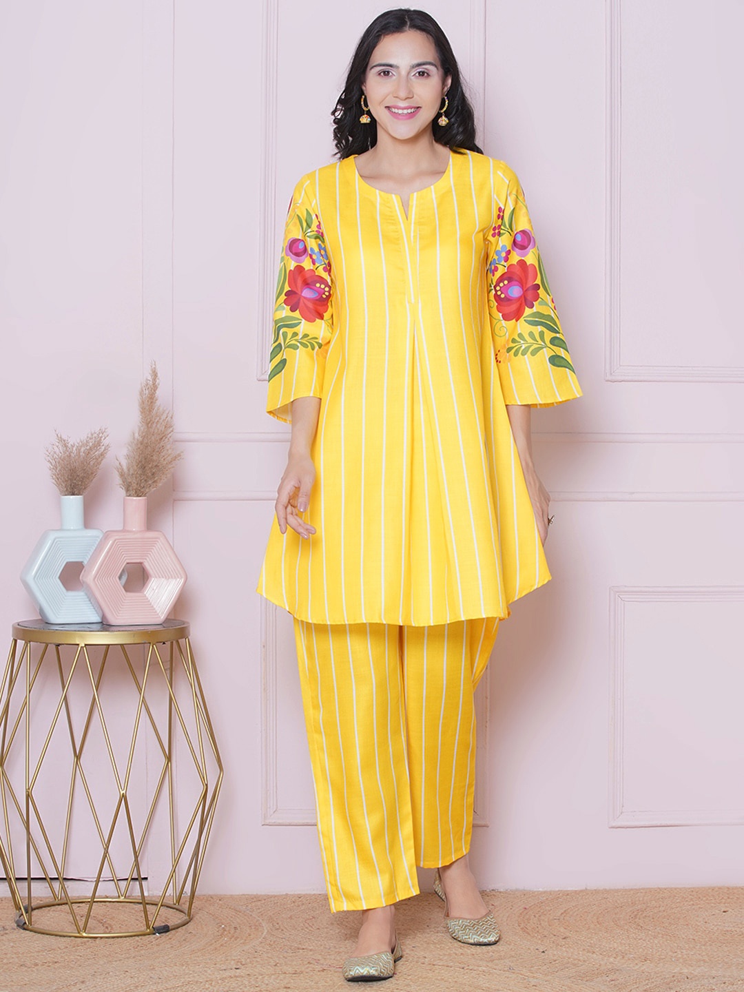 Bhama Couture Striped Tunic with Trousers, Yellow
