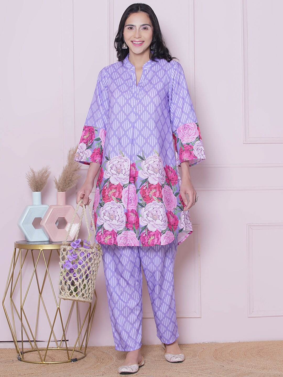 Bhama Couture Floral Printed Mandarin Collar Tunic with Trousers, Purple