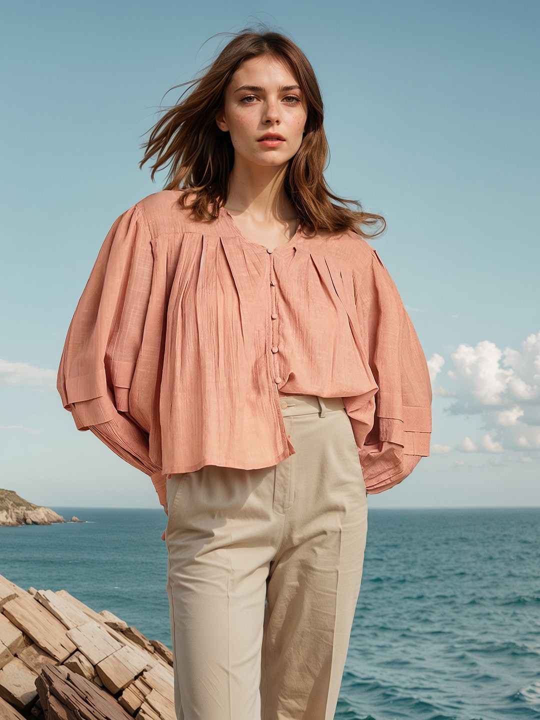 

H&M Cotton Balloon Sleeve Pleated Top, Peach