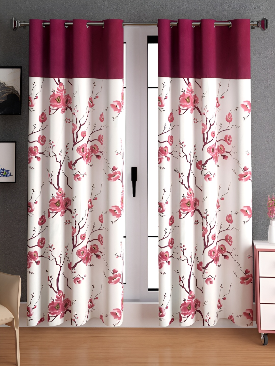 Lunar Days Maroon & White 2 Pieces Floral Room Darkening Door Curtain