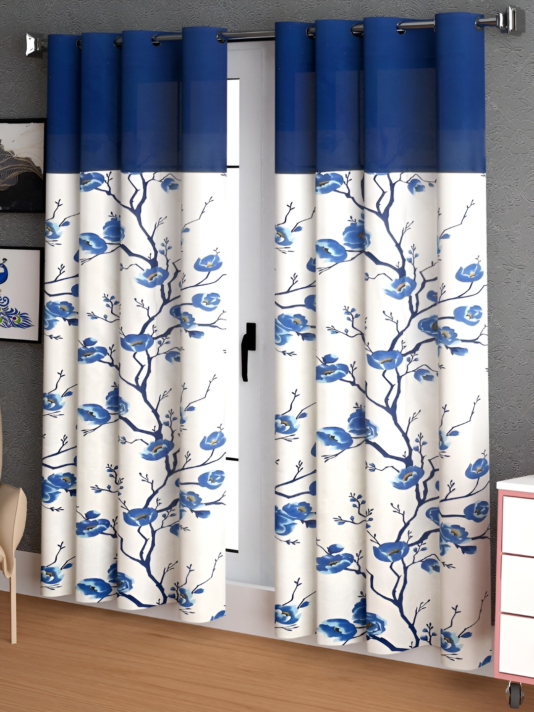 Lunar Days Blue & White 2 Pcs Floral Room Darkening Long Door Curtain
