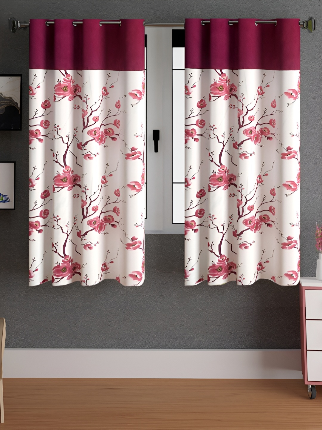 

Lunar Days Maroon & White 2 Pcs Floral Room Darkening Window Curtain