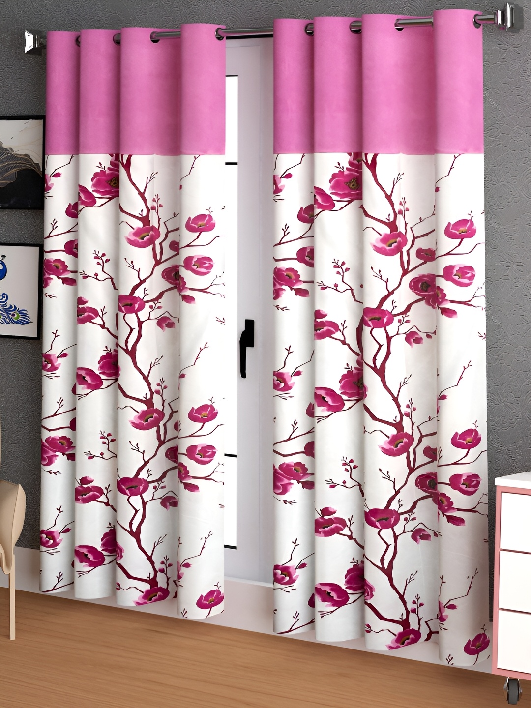 

Lunar Days Pink & White 2 Pcs Floral Room Darkening Long Door Curtain