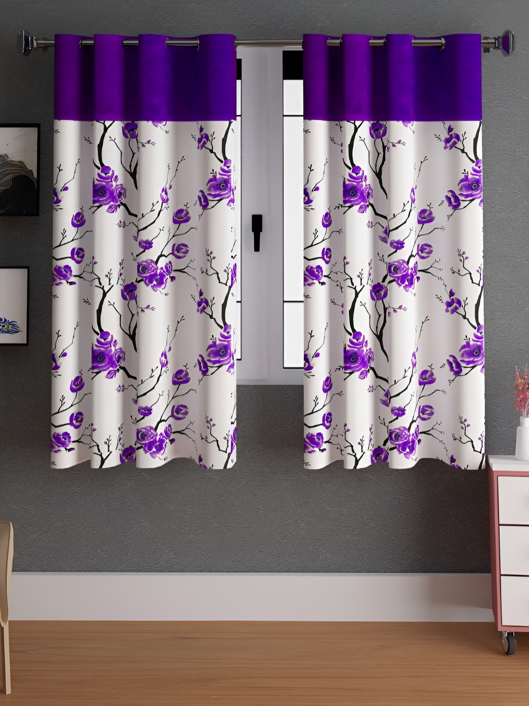 

Lunar Days Purple & White 2 Pcs Floral Room Darkening Window Curtain