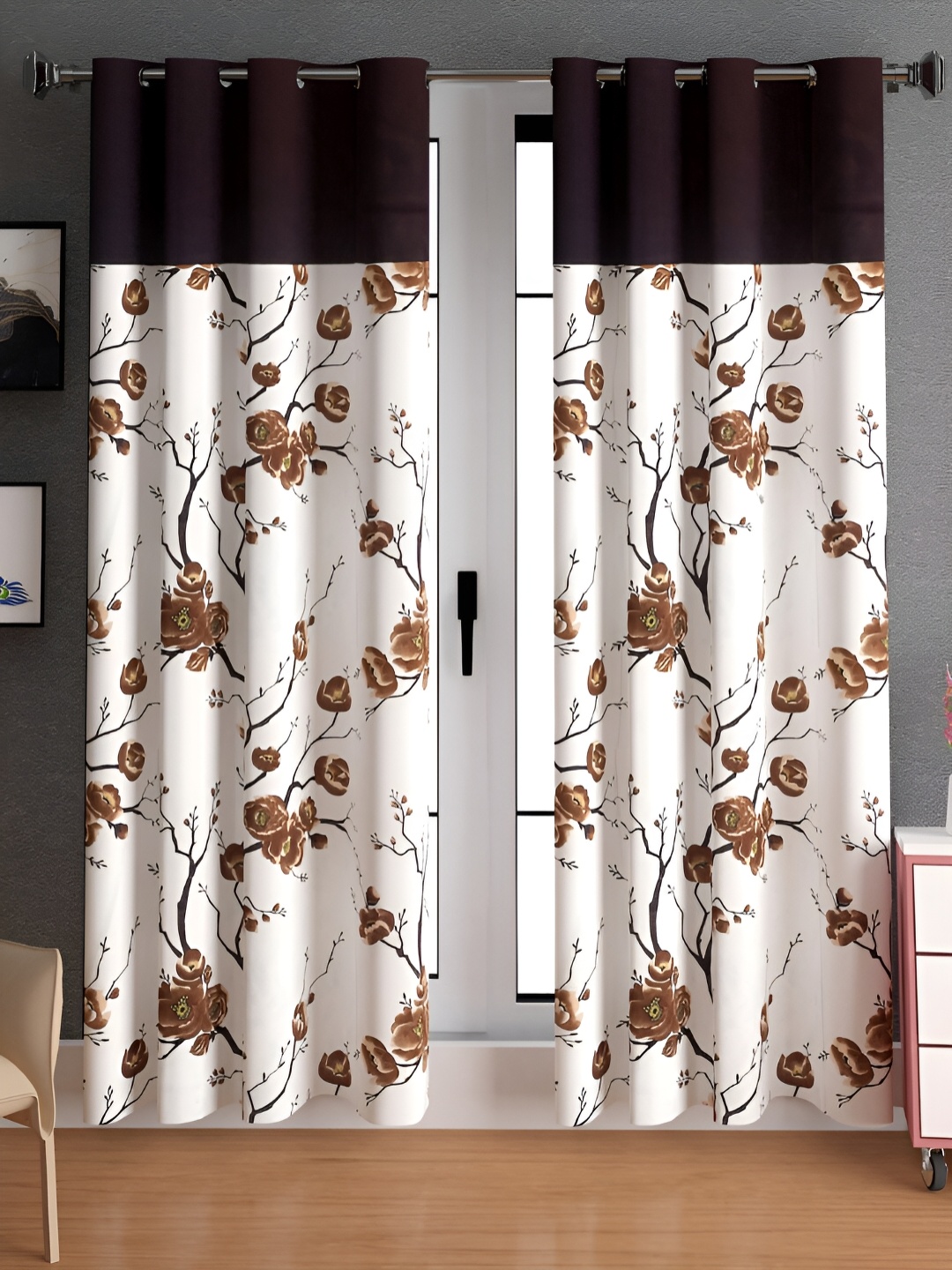 

Lunar Days Coffee Brown & White 2 Pcs Floral Room Darkening Door Curtain