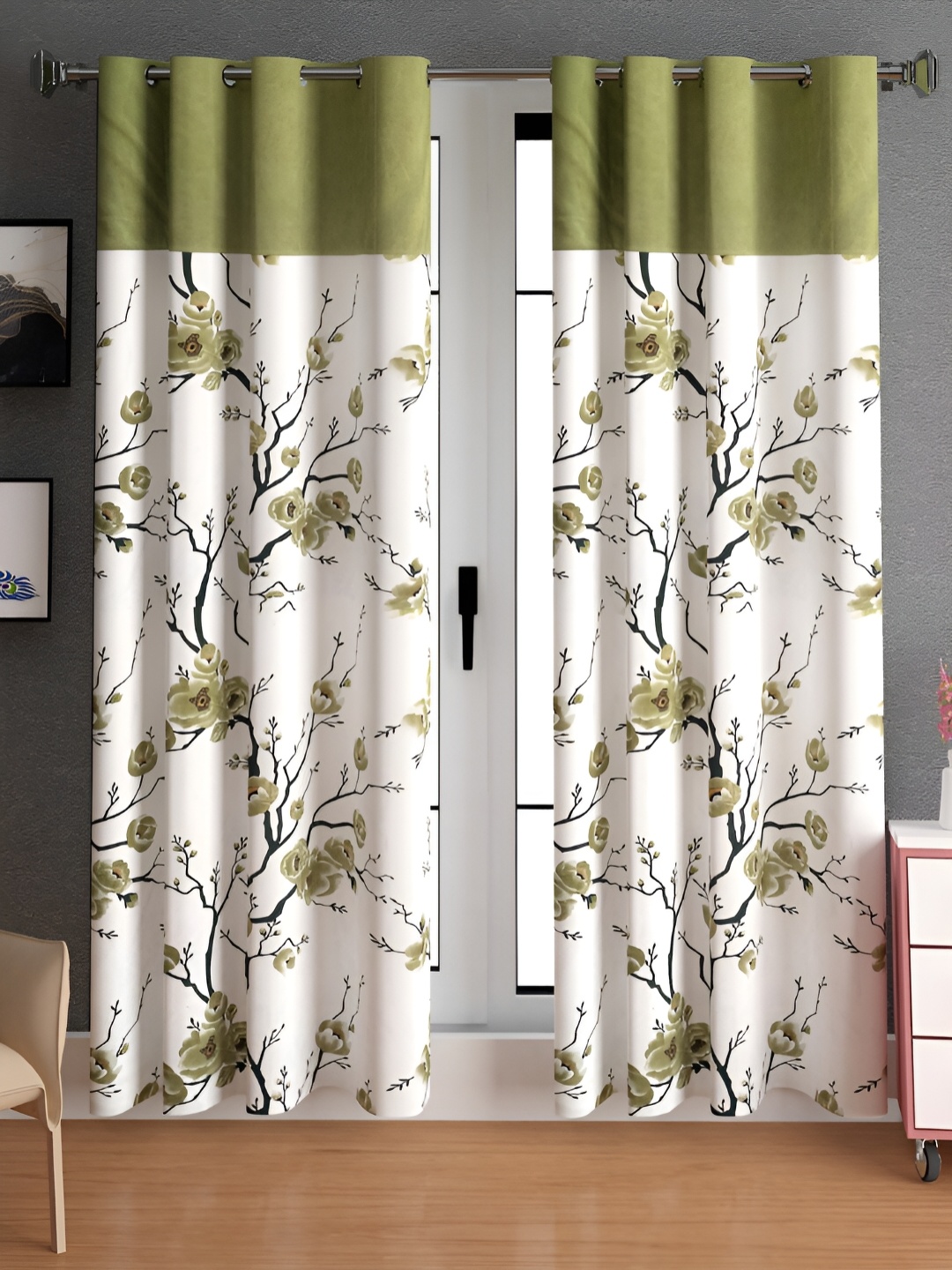 

Lunar Days Green & White 2 Pcs Floral Room Darkening Door Curtain