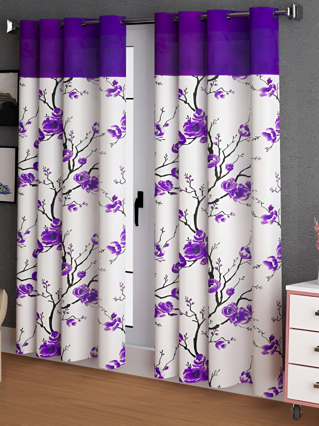 

Lunar Days Purple & White 2 Pcs Floral Room Darkening Long Door Curtain