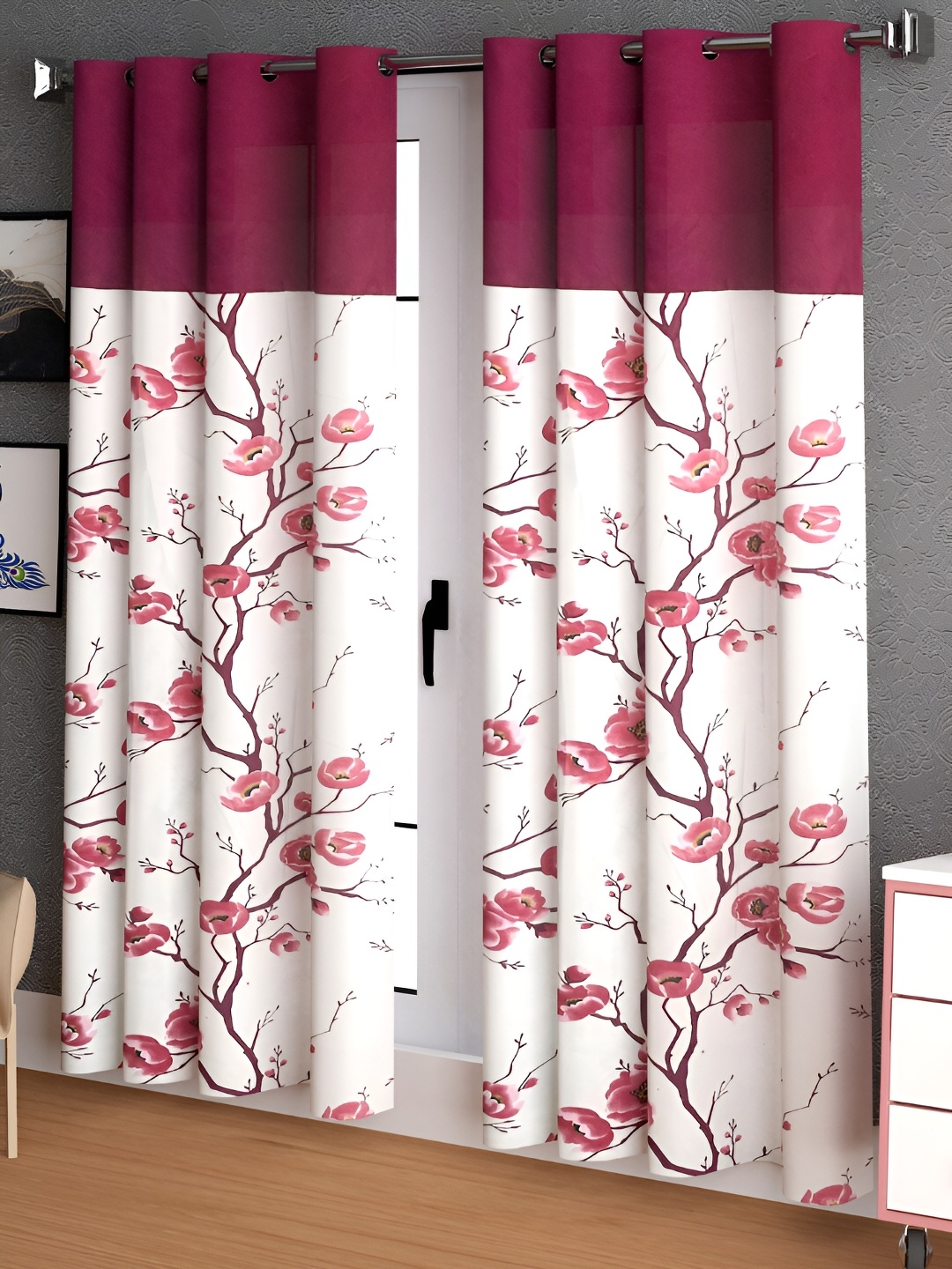 

Lunar Days Maroon & White 2 Pcs Floral Room Darkening Long Door Curtain
