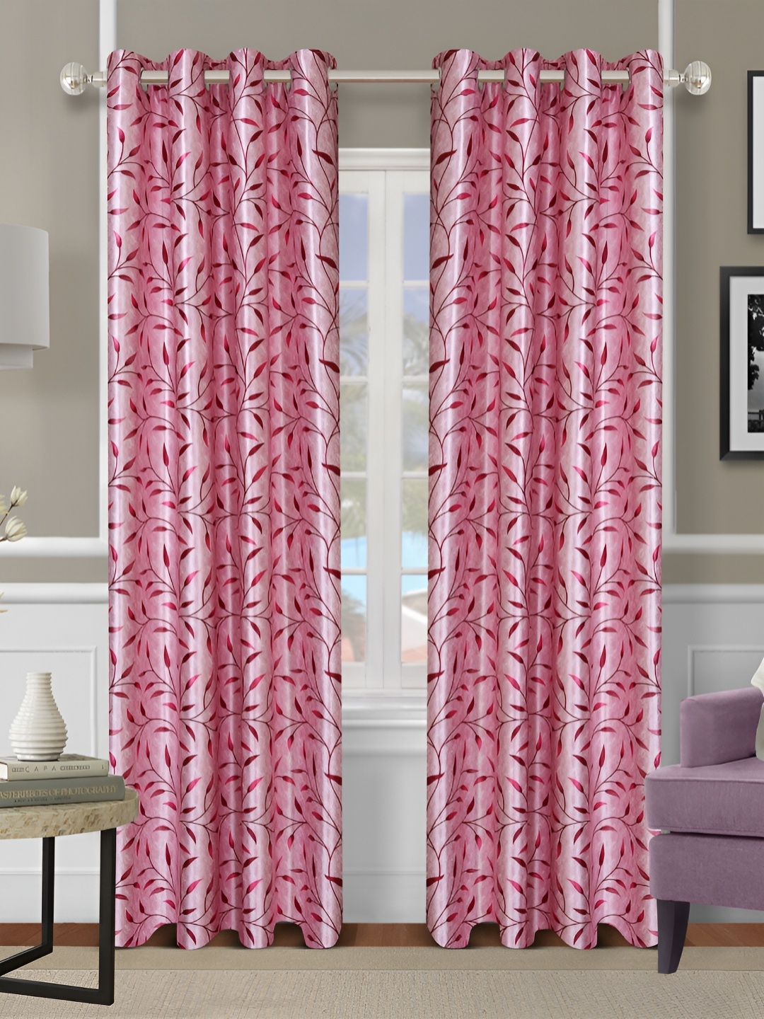 

ROMEE Pink & Red 2 Pieces Floral Room Darkening Door Curtain