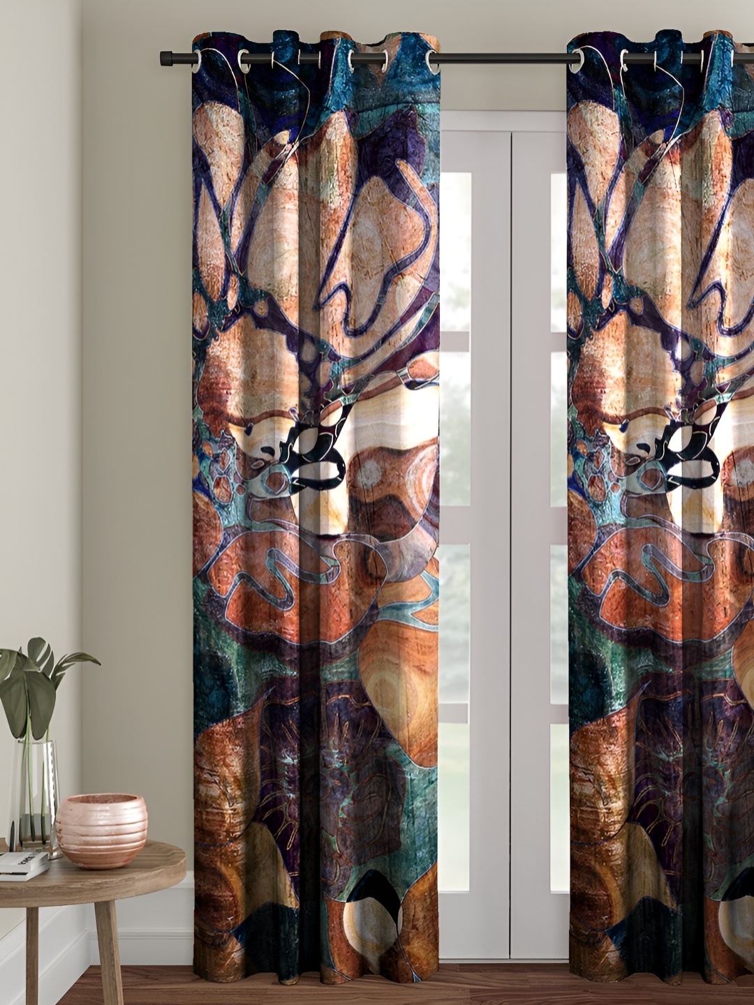 ROMEE Blue & Brown Room Darkening Door Curtain