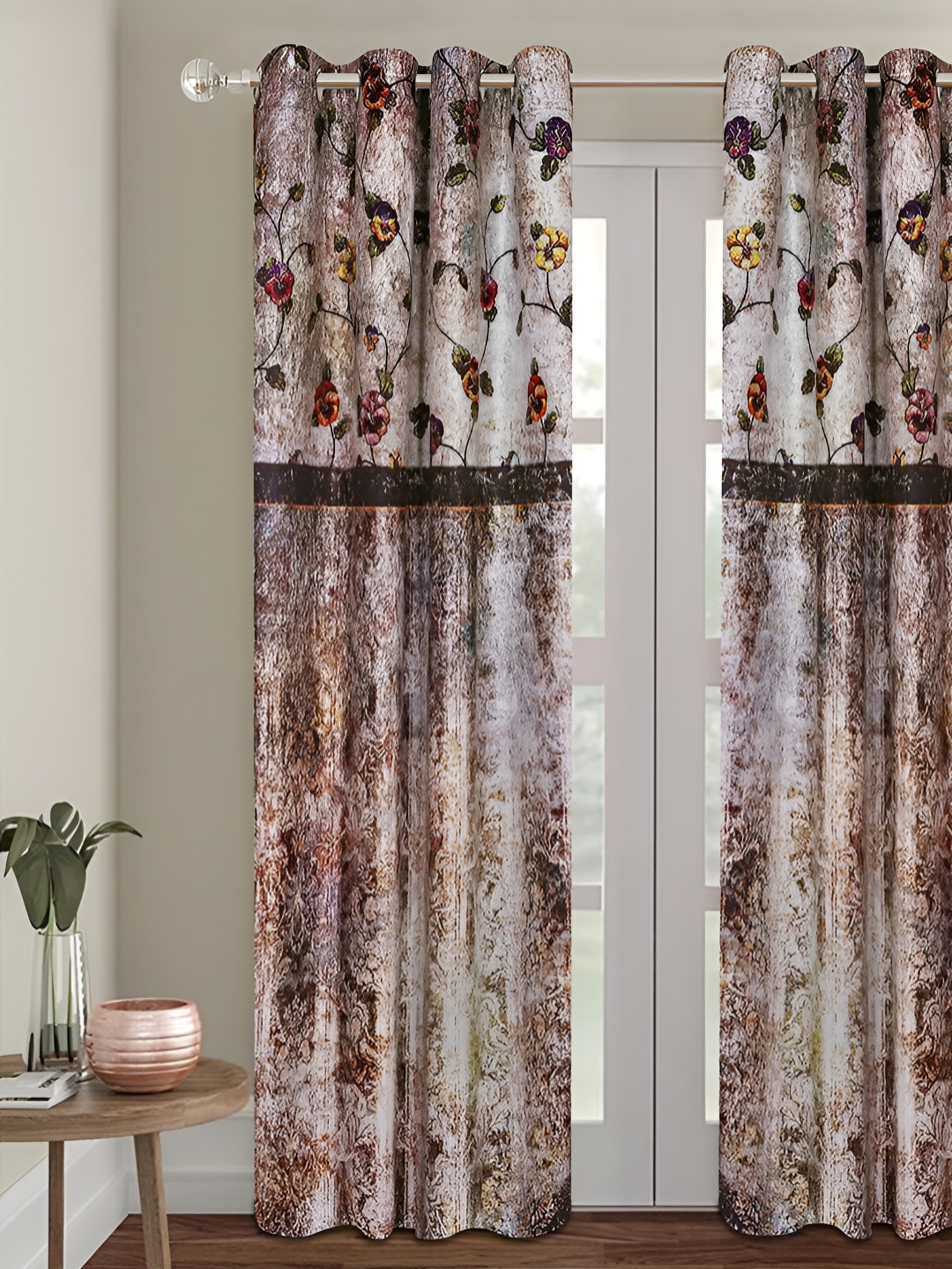 

ROMEE Beige & Red Floral Room Darkening Door Curtain