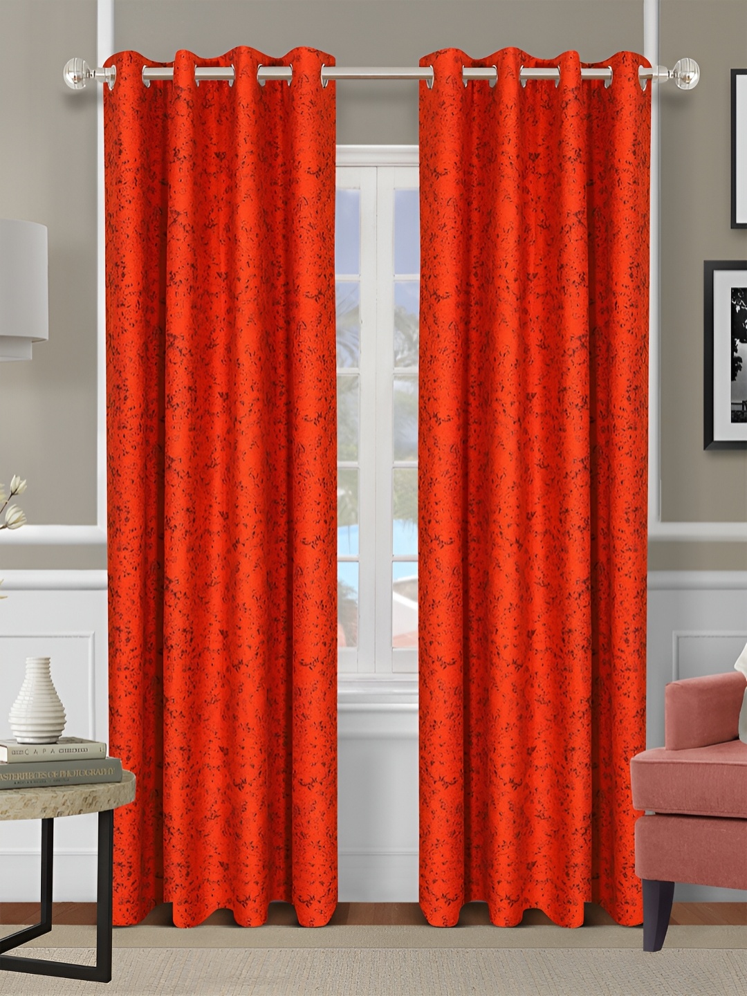 

ROMEE Orange & Brown 2 Pieces Room Darkening Long Door Curtain