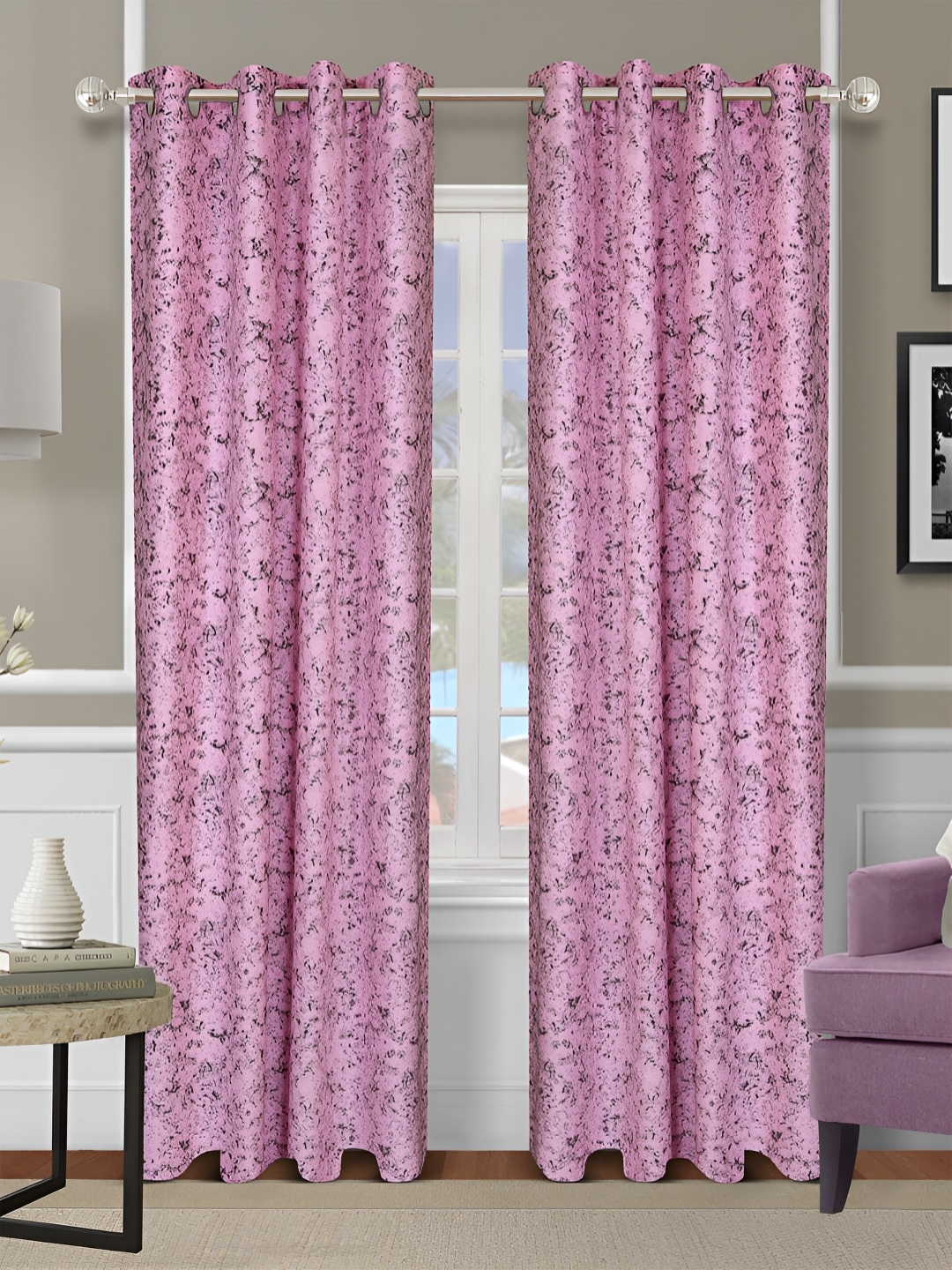 

ROMEE Pink & Black 2 Pcs Abstract Room Darkening Eyelet Long Door Curtains
