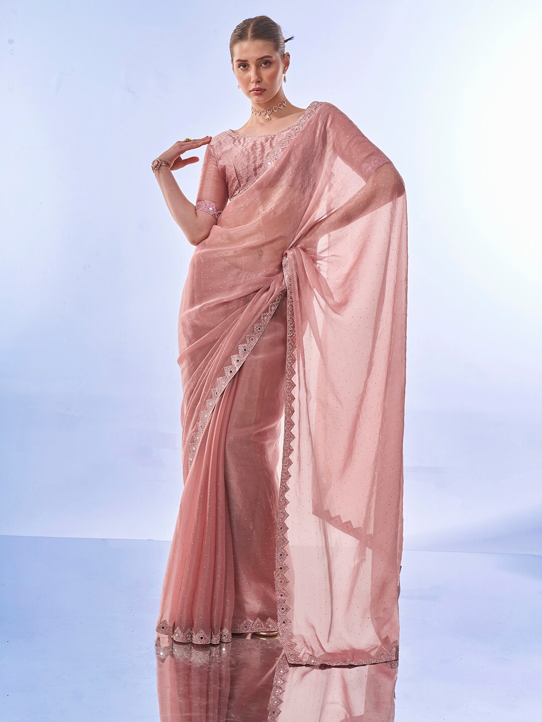 

Ishin Embellished Sequinned Organza Saree, Pink