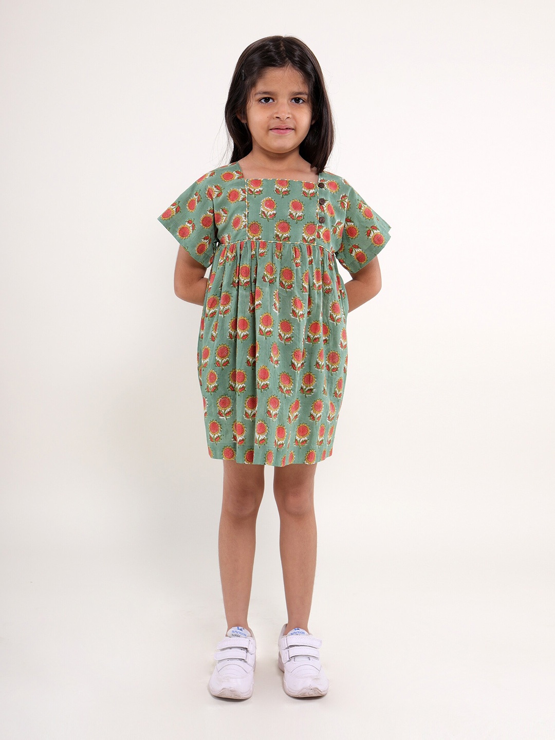 

My Little Lambs Girls Floral Print Square Neck Cotton A-Line Dress, Green