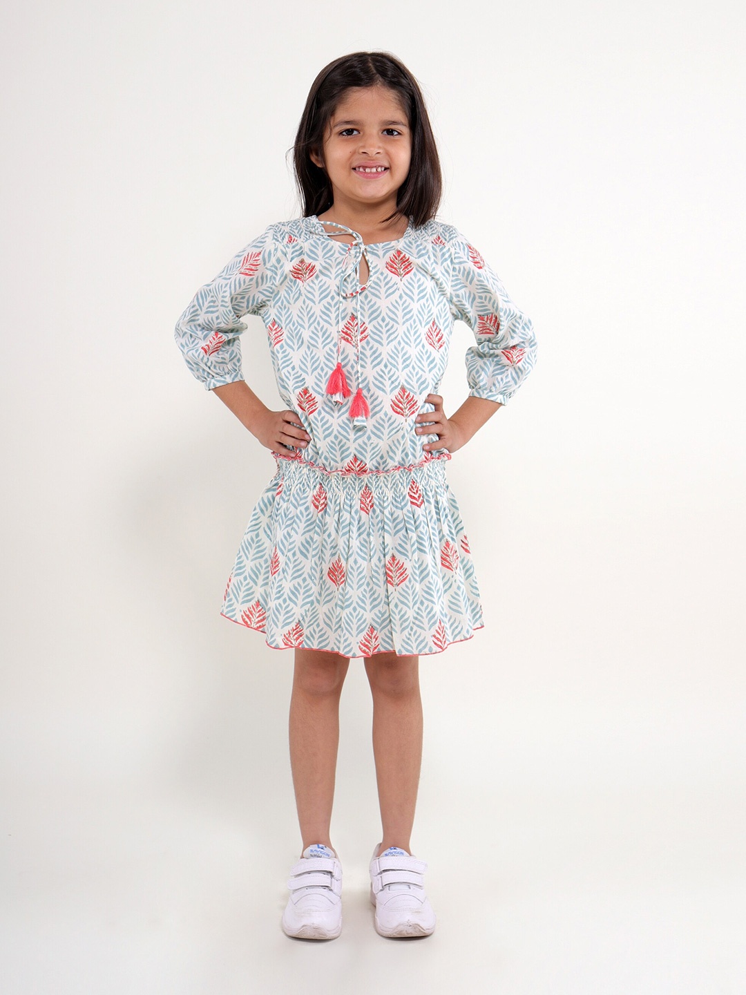 

My Little Lambs Girls Floral Print Tie-Up Neck Blouson Dress, Blue