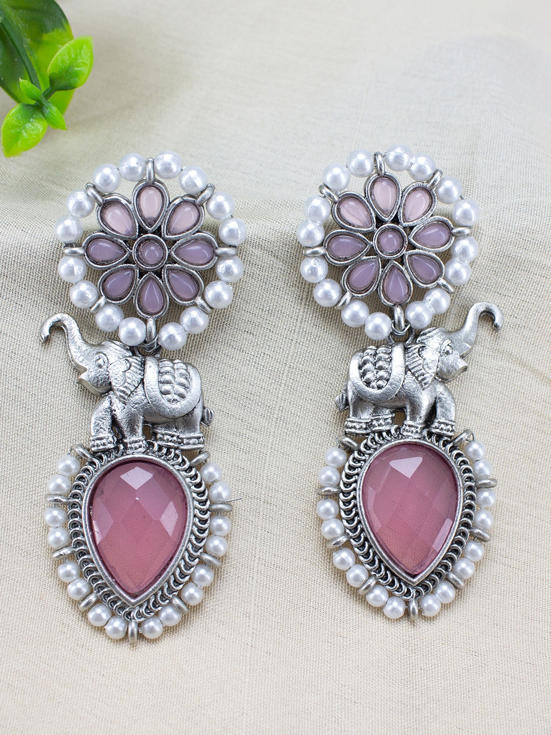 

PRIVIU Silver-Plated Contemporary Monalisa Stone Studded Elephant Drop Earrings, Pink