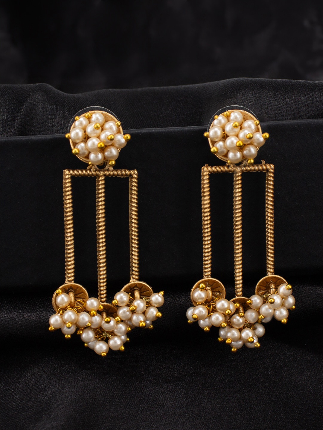 

PRIVIU Gold-Plated Beaded Contemporary Drop Earrings