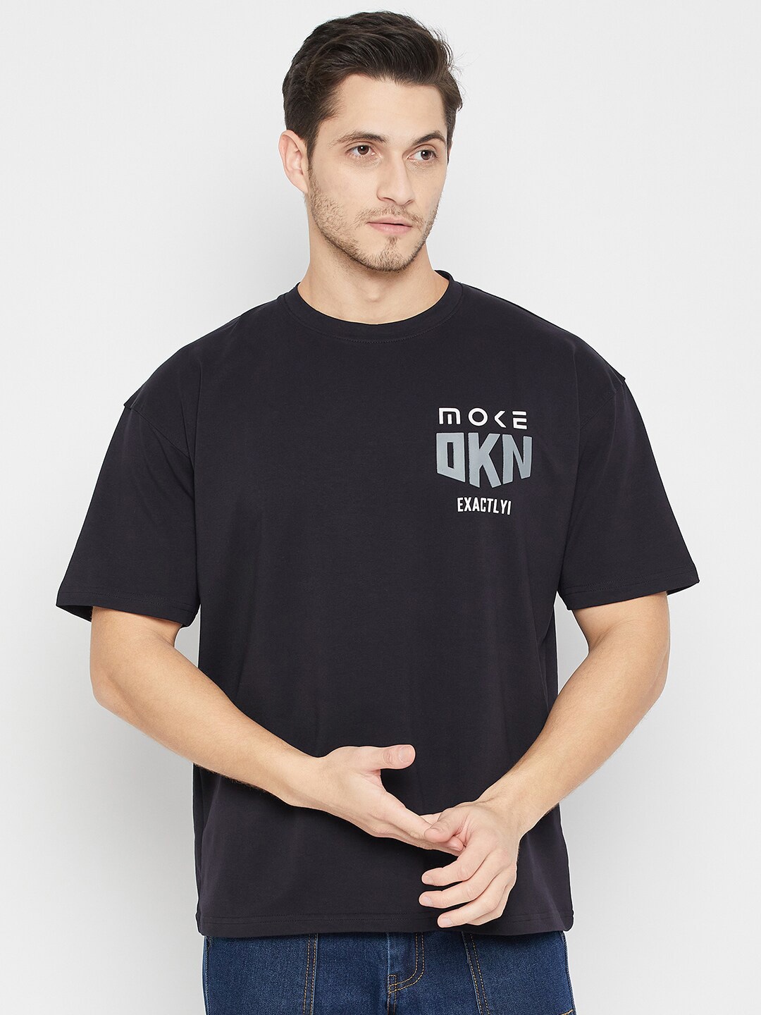 

Okane Typography Printed Drop Shoulder Sleeves Cotton Oversized T-shirt, Black
