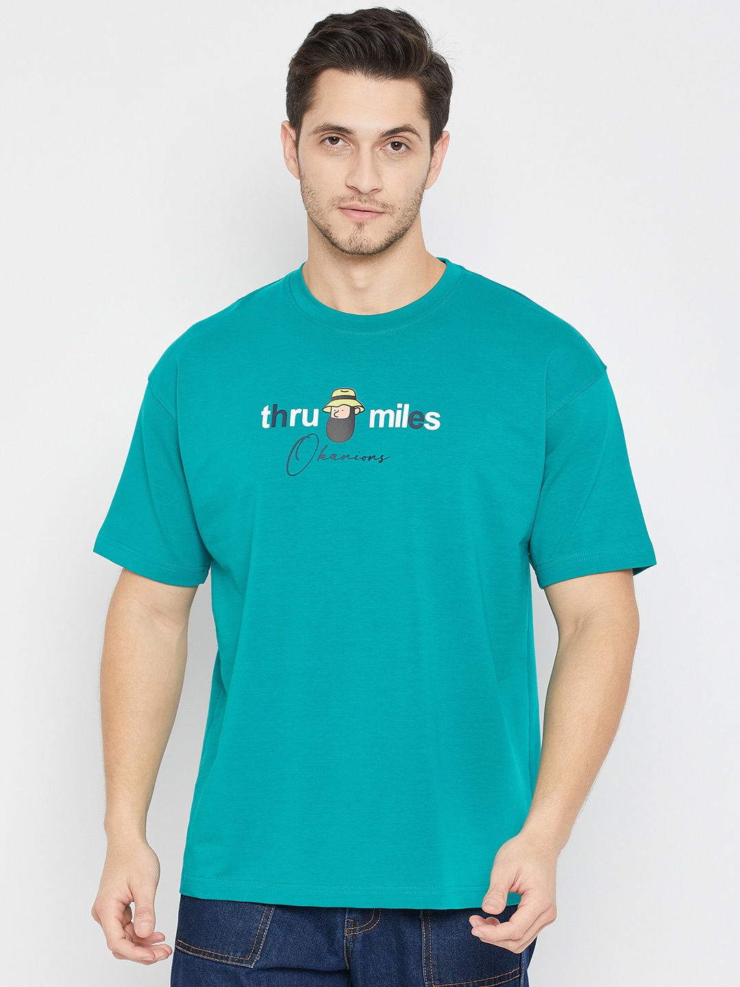 Okane Round Neck Drop Sleeves Typography Printed Oversized Cotton T-shirt, Green