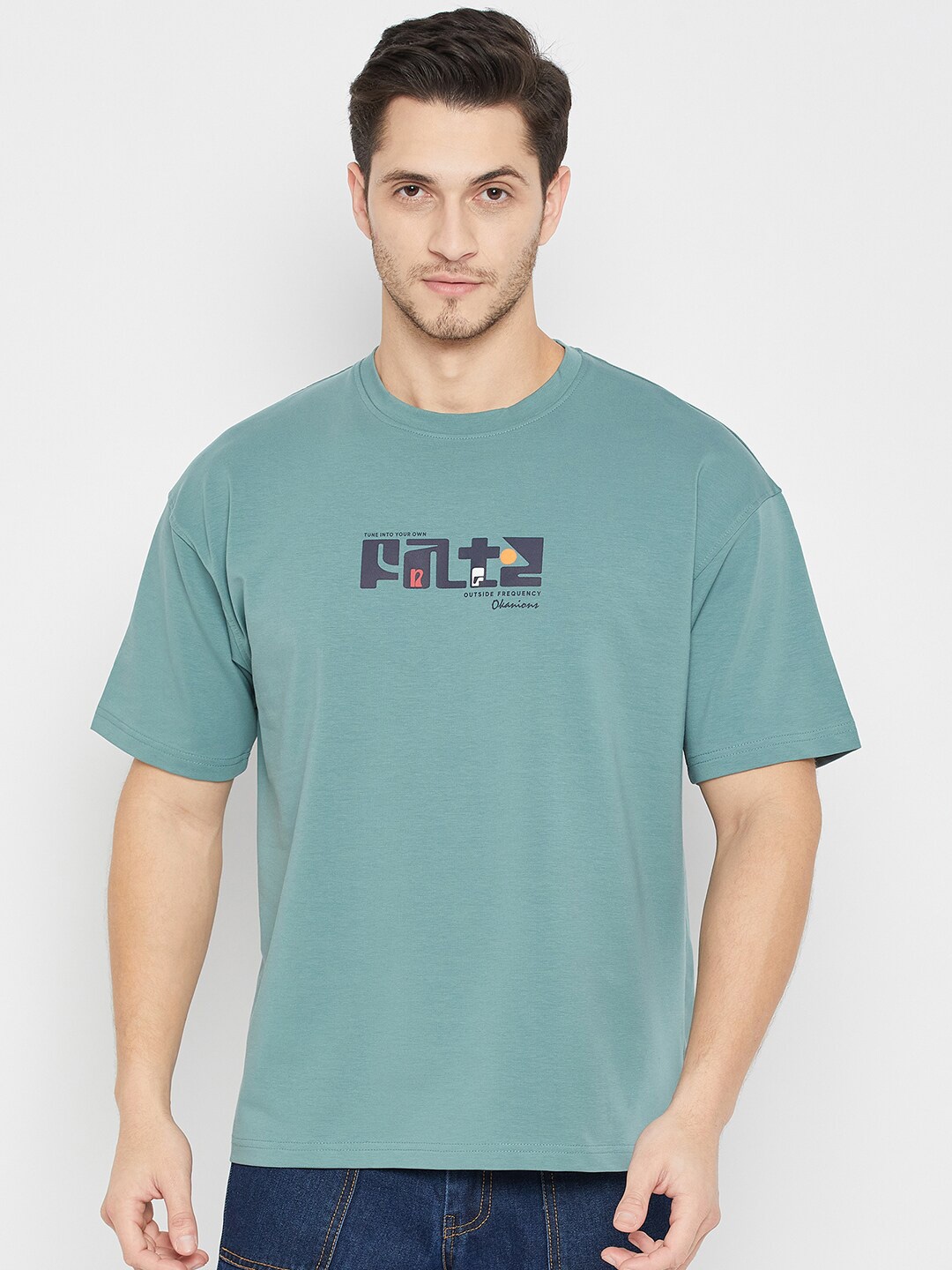 

Okane Typography Print Drop Shoulder Sleeves Cotton Oversized T-shirt, Green