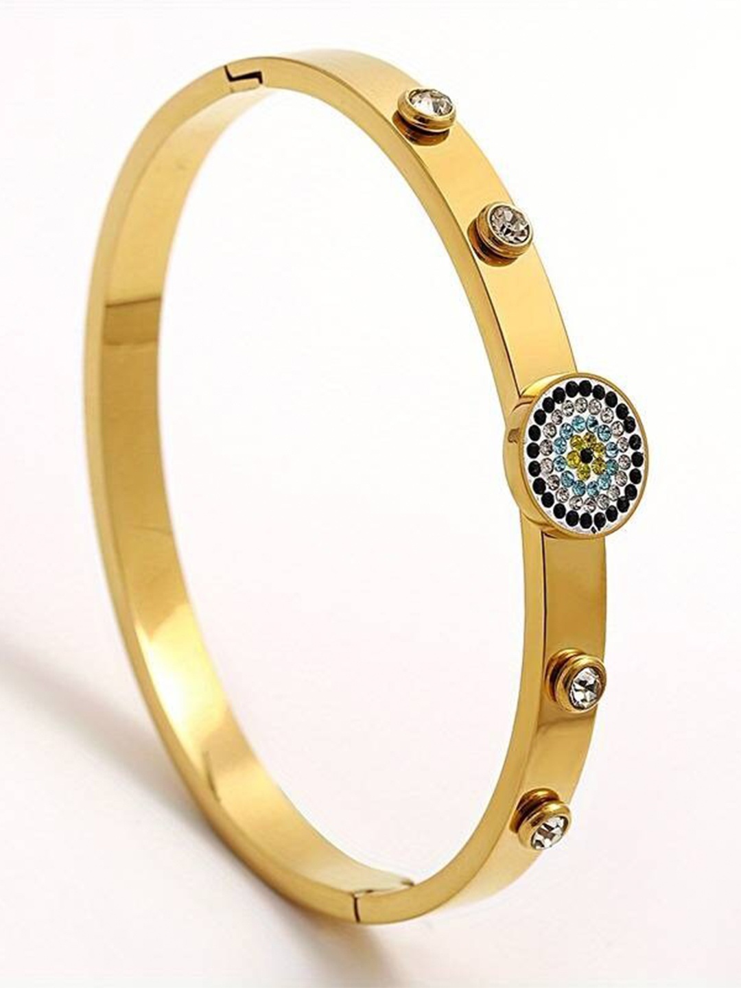 

VIEN Gold-Plated Stainless Steel Crystals Studded Flower Evil Eye Kada Bracelet