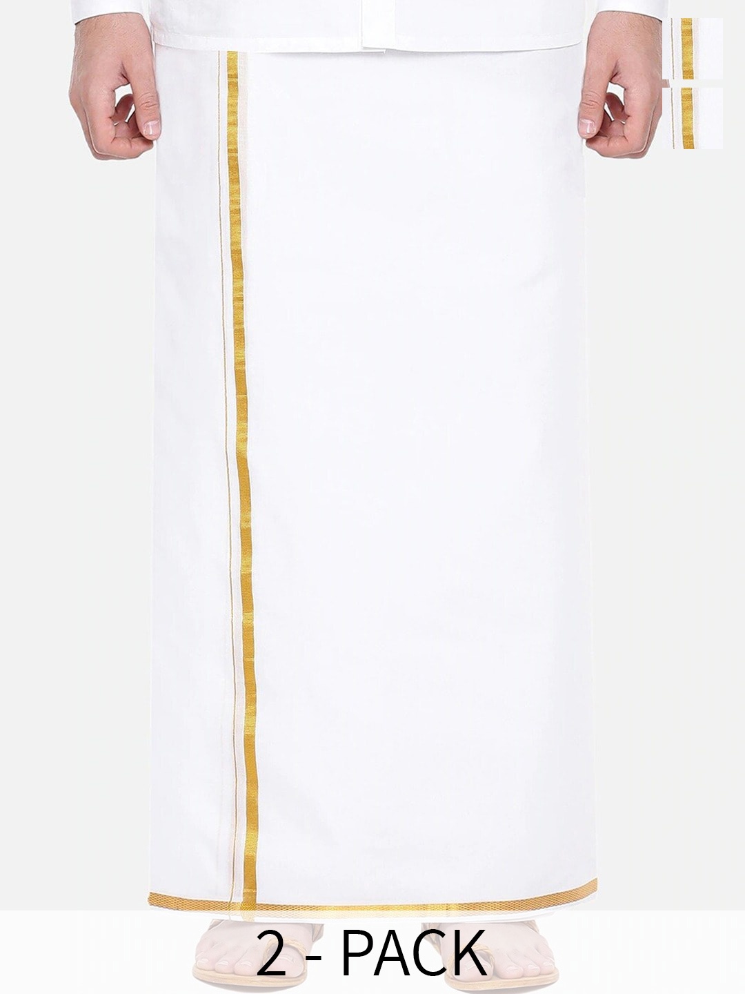 

Ramraj Pack of 2 Pure Cotton Single Layer Golden Zari Border Dhotis, White