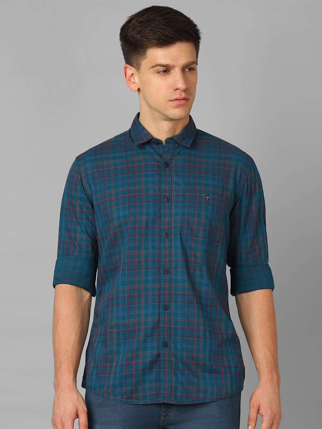 

Louis Philippe Jeans Tartan Checks Spread Collar Slim Fit Cotton Casual Shirt, Blue