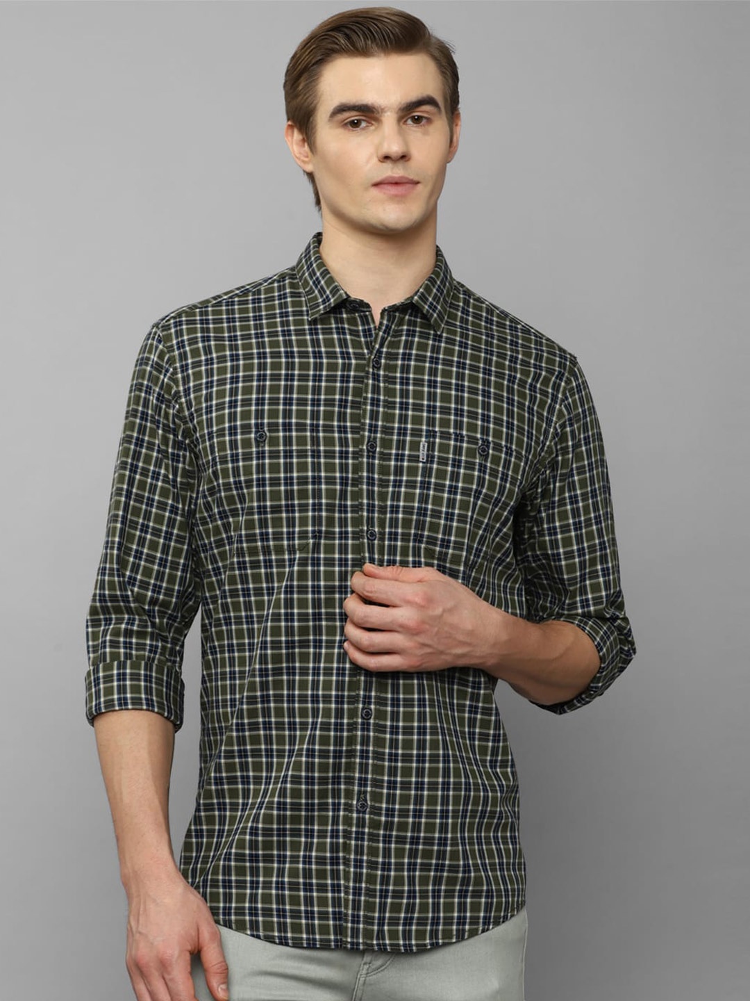 

Louis Philippe Jeans Checked Spread Collar Slim Fit Cotton Casual Shirt, Olive