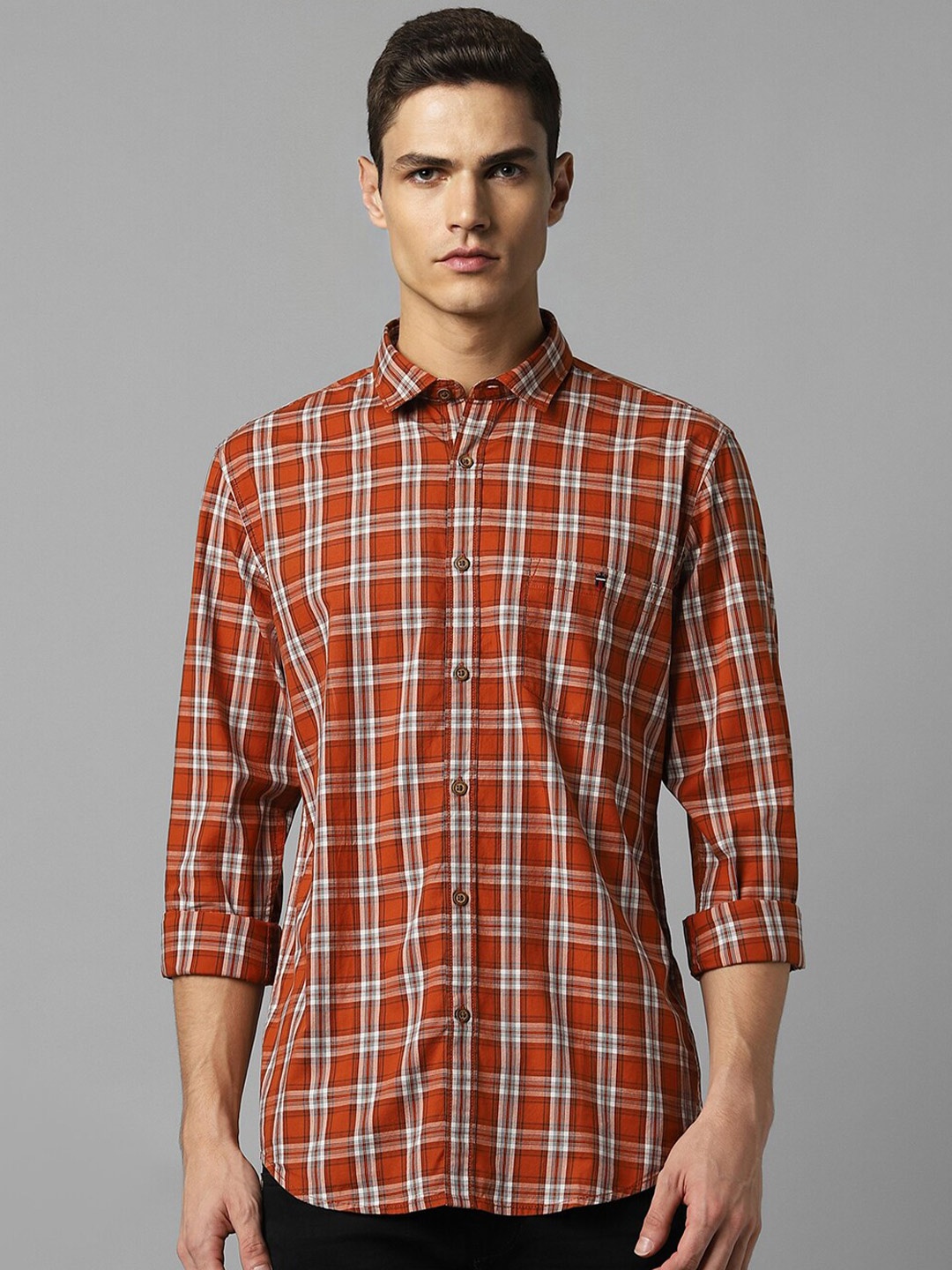 

Louis Philippe Jeans Tartan Checks Spread Collar Slim Fit Cotton Casual Shirt, Orange
