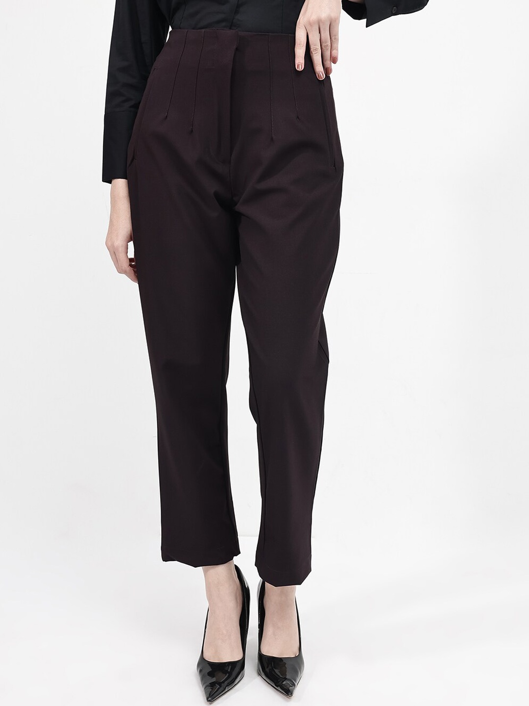 

RAREISM Women Tapered Fit Cotton High-Rise Trousers, Maroon