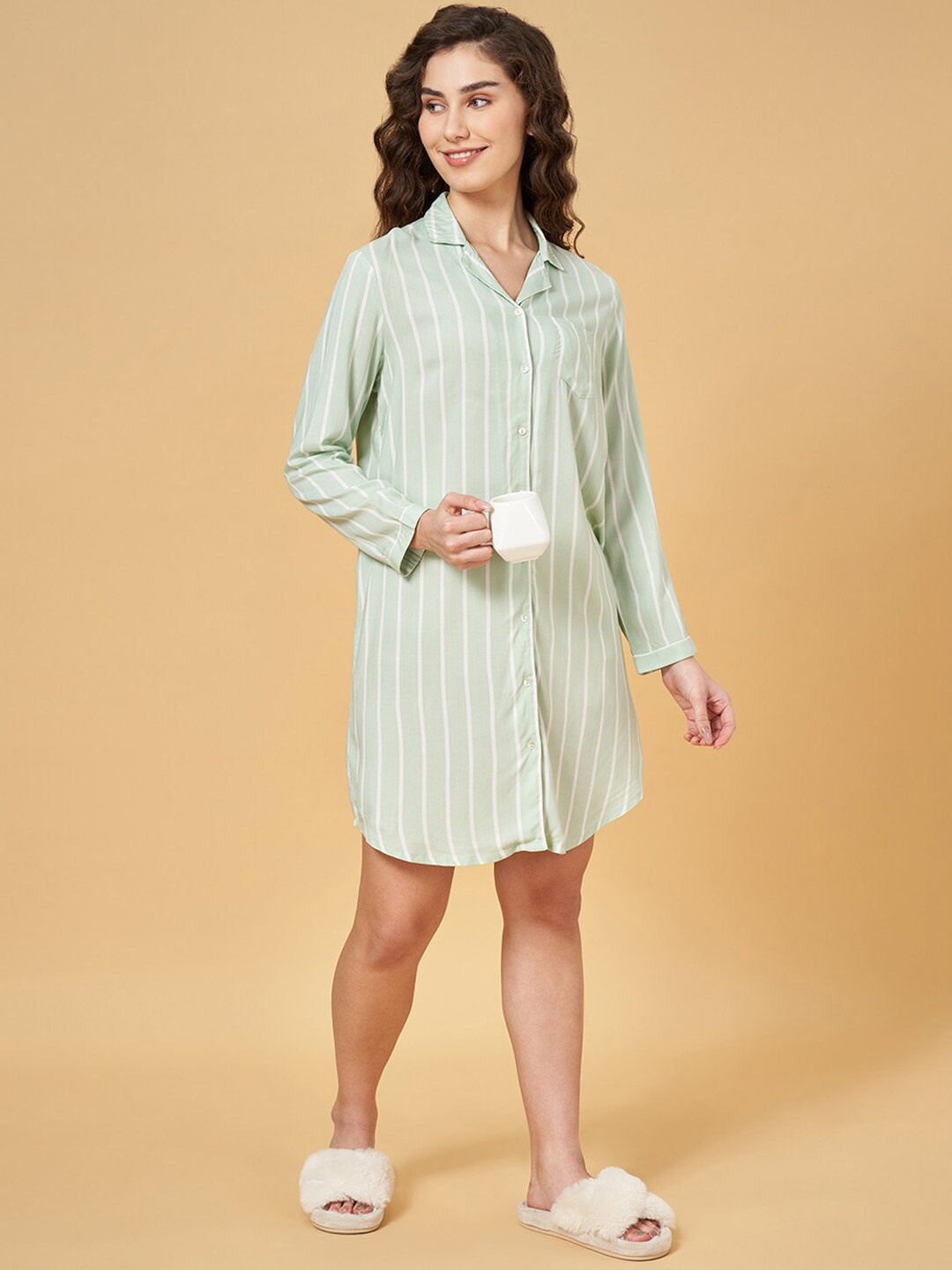 

Dreamz by Pantaloons Striped Shirt Nightdress, Green