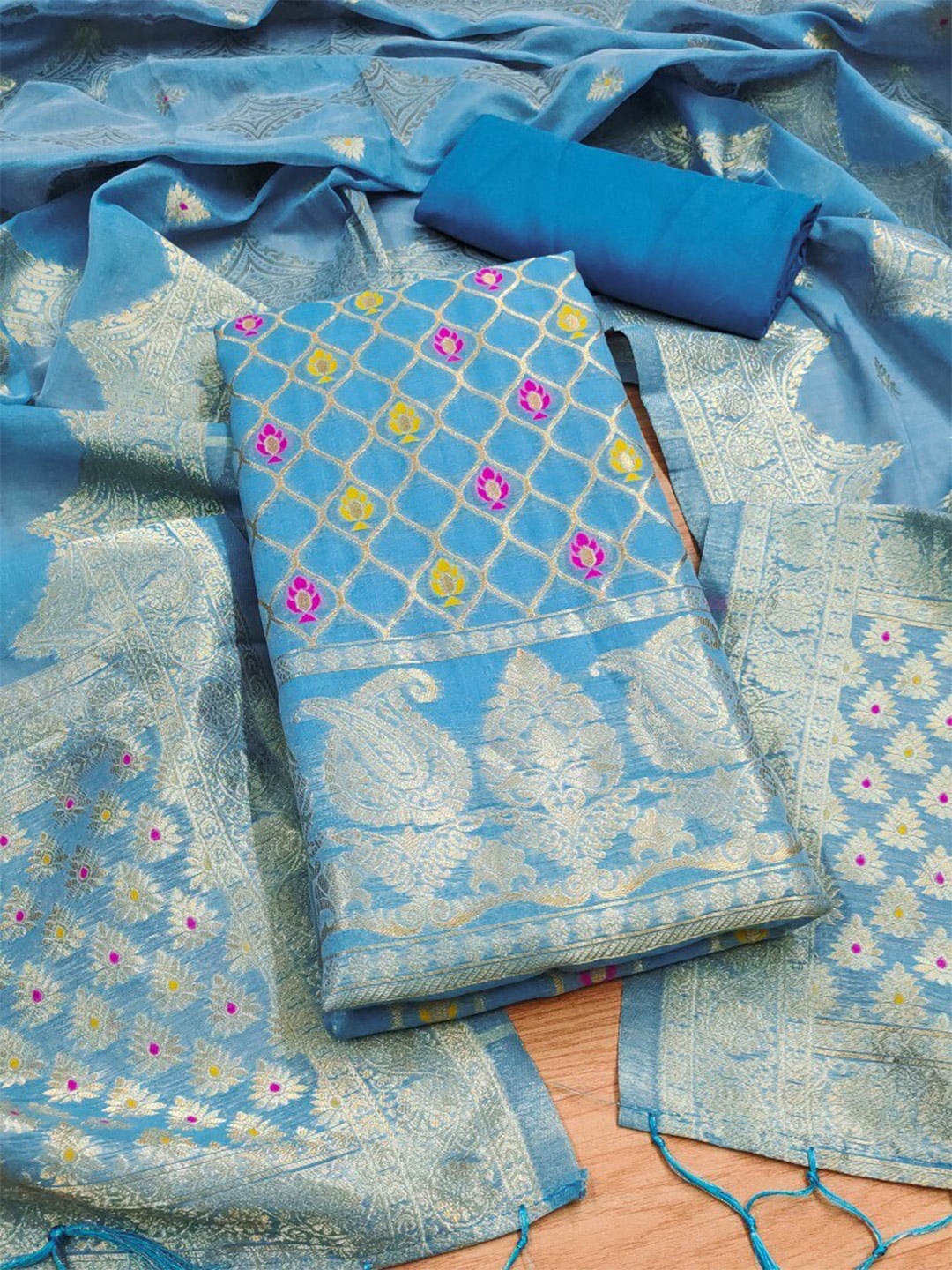 

KALINI Abstract Woven Design Zari Art Silk Unstitched Dress Material, Turquoise blue