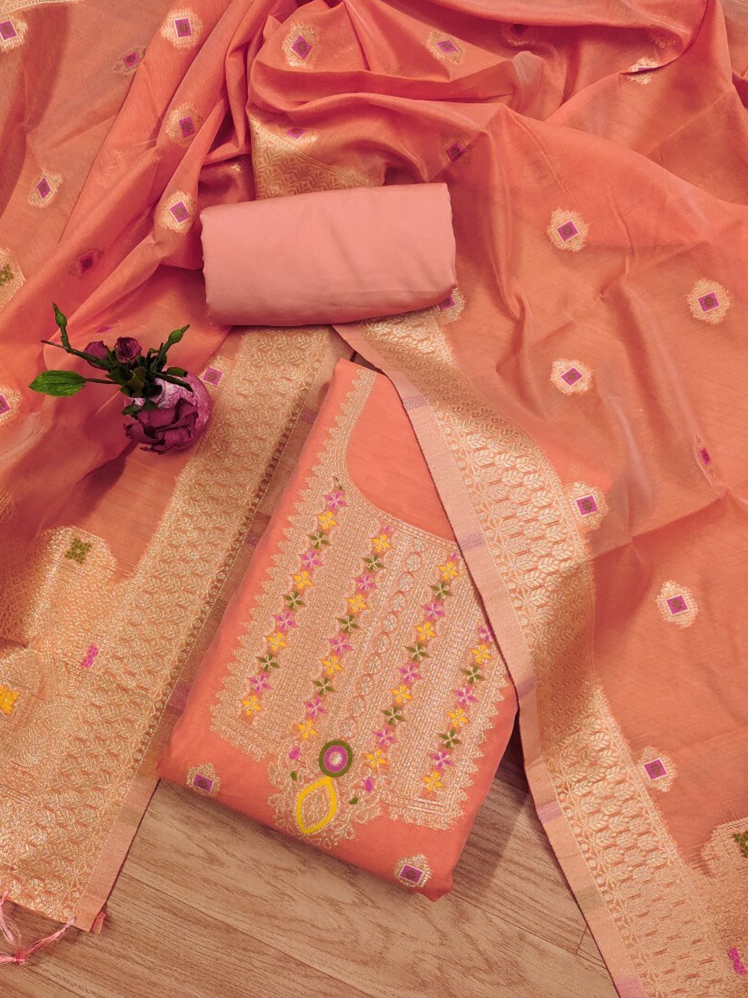 

KALINI Art Silk Unstitched Dress Material, Peach