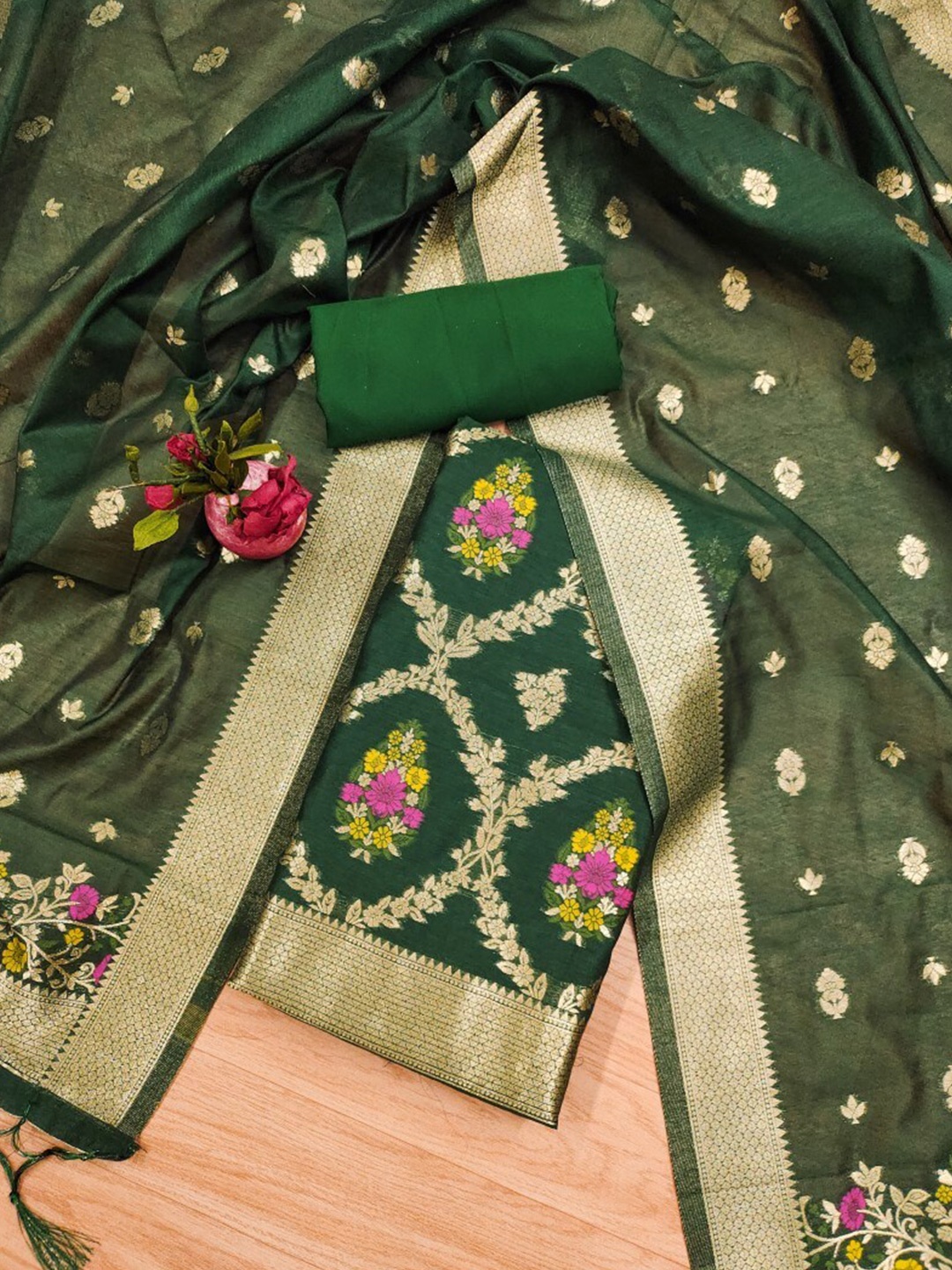 

KALINI Abstract Woven Design Zari Art Silk Unstitched Dress Material, Green