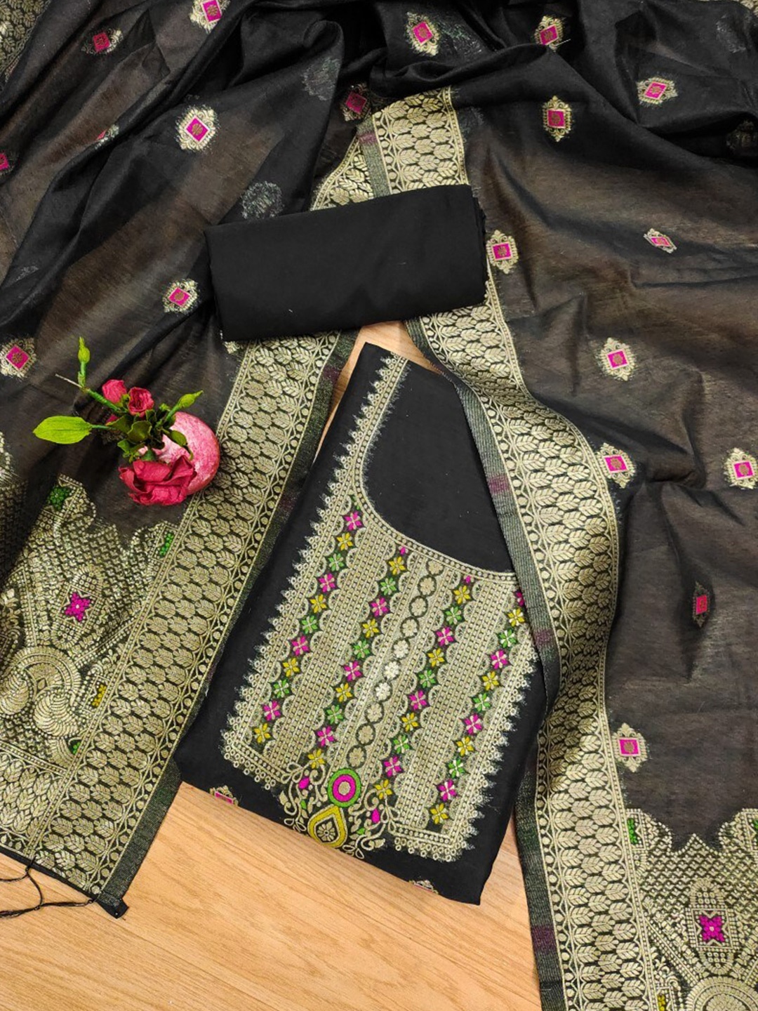 

KALINI Floral Woven Design Zari Art Silk Unstitched Dress Material, Black