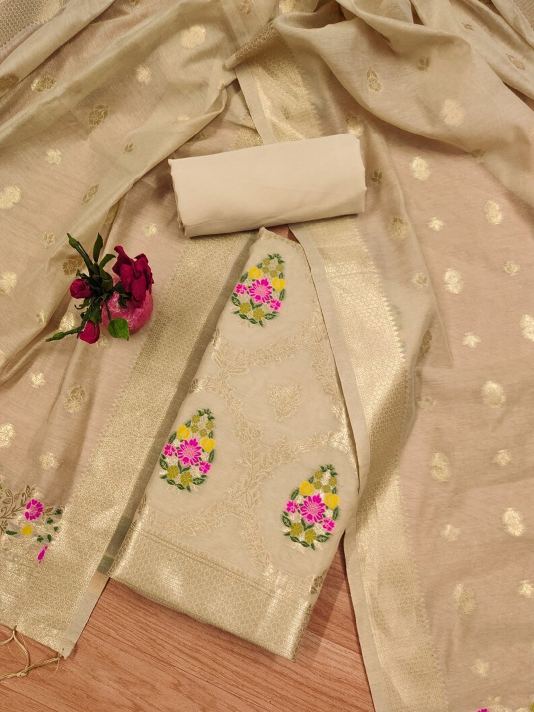 

KALINI Ethnic Motifs Woven Design Zari Art Silk Unstitched Dress Material, Cream