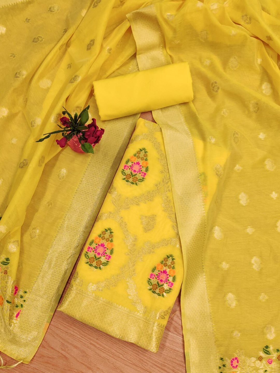 

KALINI Abstract Woven Design Zari Art Silk Unstitched Dress Material, Yellow