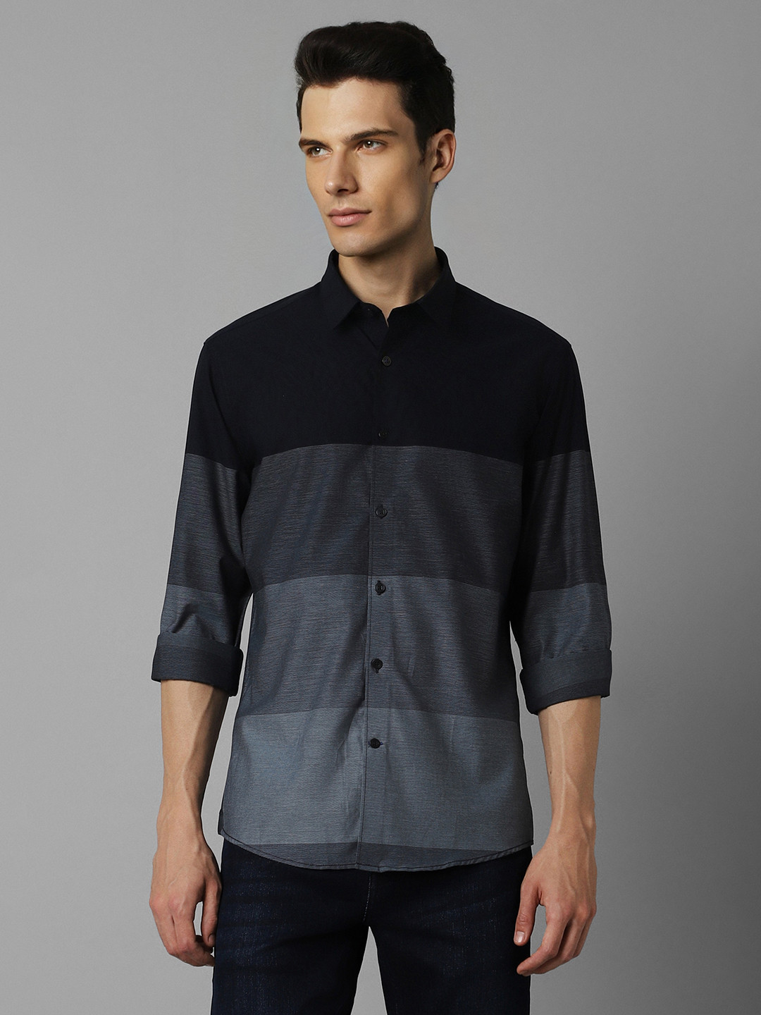 

Louis Philippe Sport Slim Fit Horizontal Striped Pure Cotton Casual Shirt, Grey