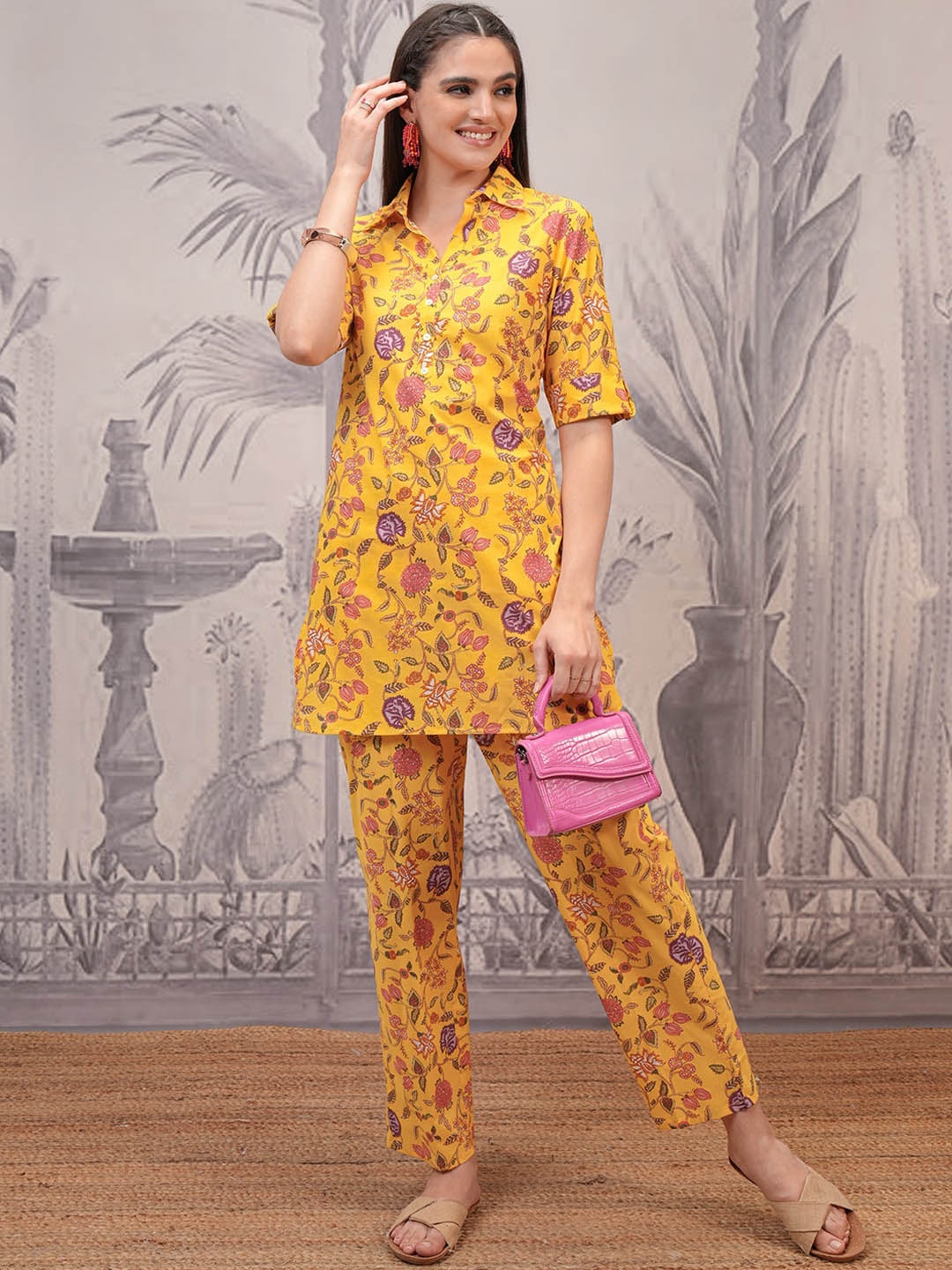 

Vishudh Printed Pure Cotton Tunic With Trousers Co-Ords, Yellow