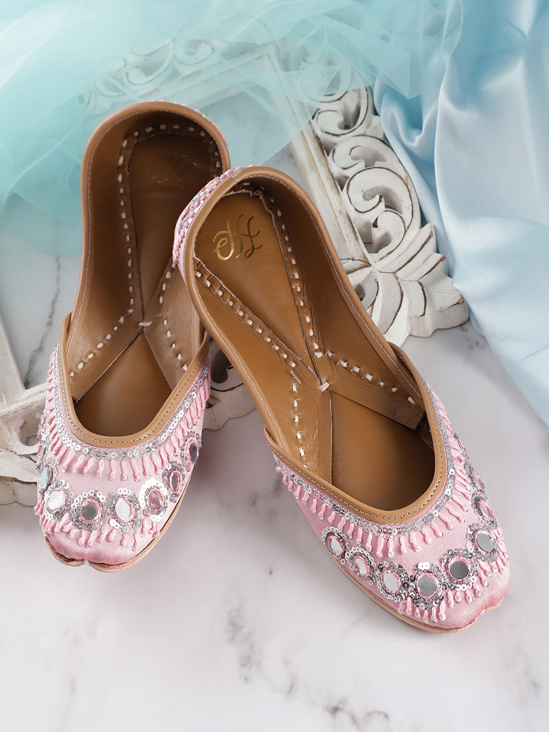 

House of Pataudi Women Mirror Work Embellished Ethnic Mojaris, Pink