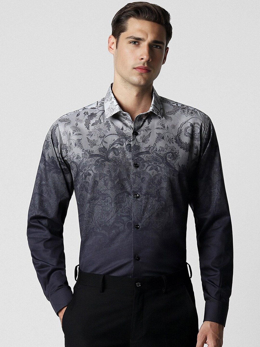 

V Dot Floral Printed Cotton Spread Collar Long Sleeves Slim Fit Opaque Casual Shirt, Navy blue