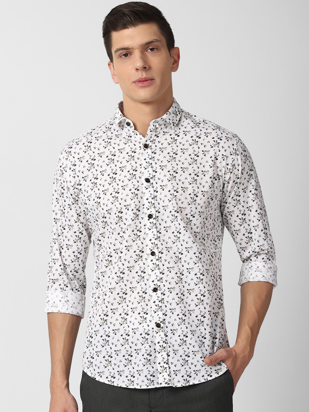 

V Dot Floral Printed Cotton Spread Collar Long Sleeves Slim Fit Opaque Casual Shirt, Grey