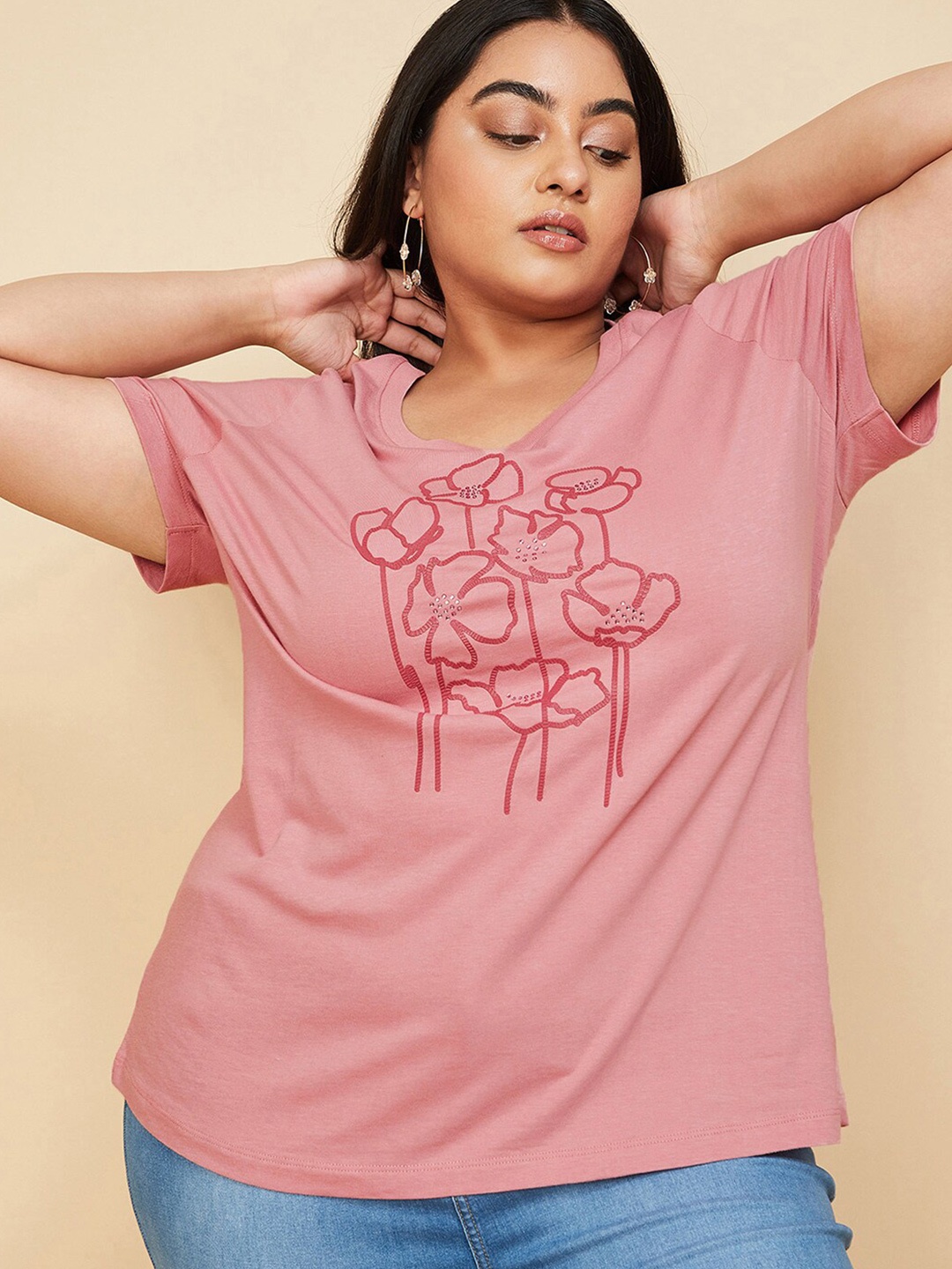 

max Plus Size Printed Round Neck Short Sleeves Cotton T-shirt, Pink