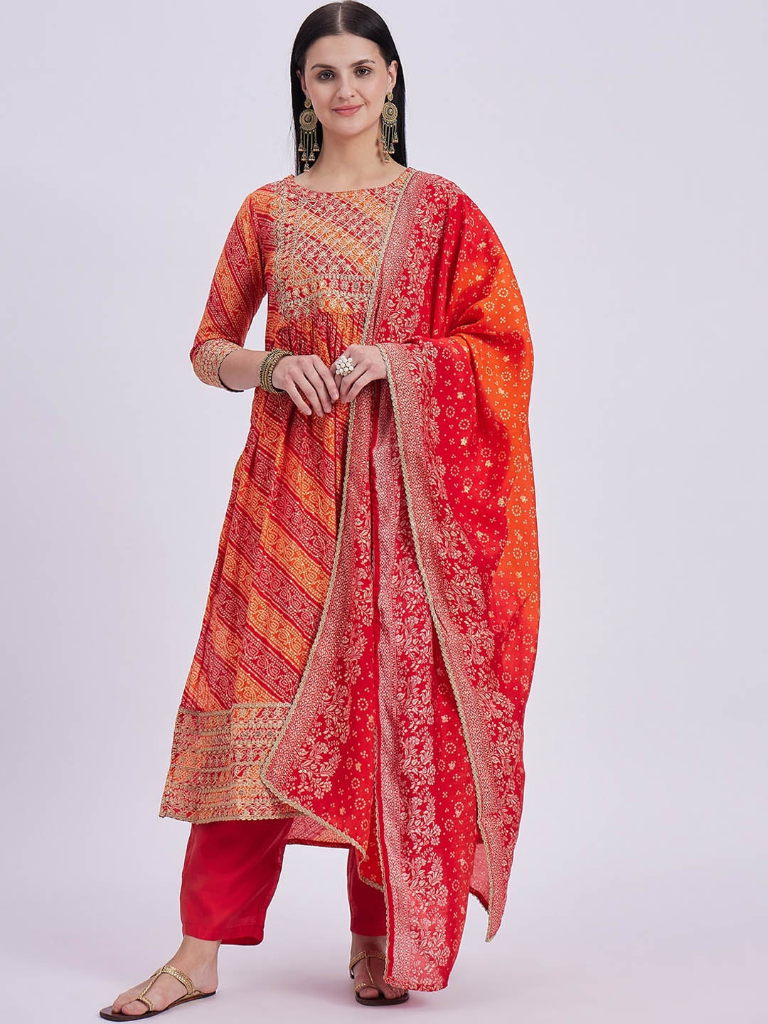 

Knitstudio Bandhani Embroidered Regular Mukaish Kurta with Trousers & Dupatta, Red