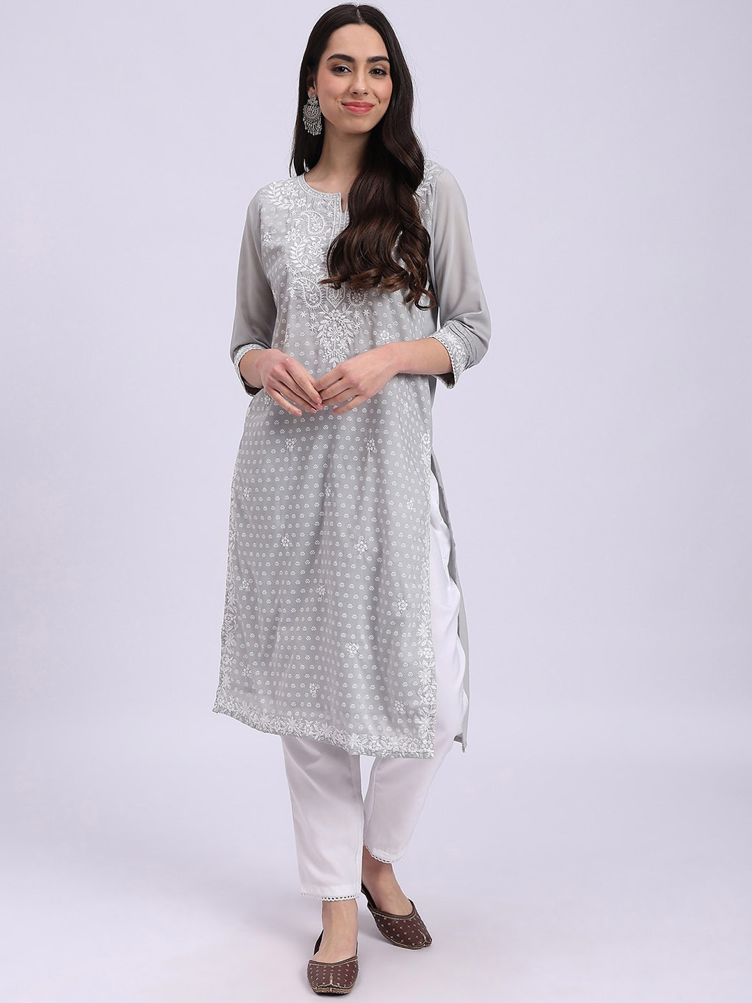 

Knitstudio Floral Embroidered Regular Thread Work Kurti with Trousers, Grey
